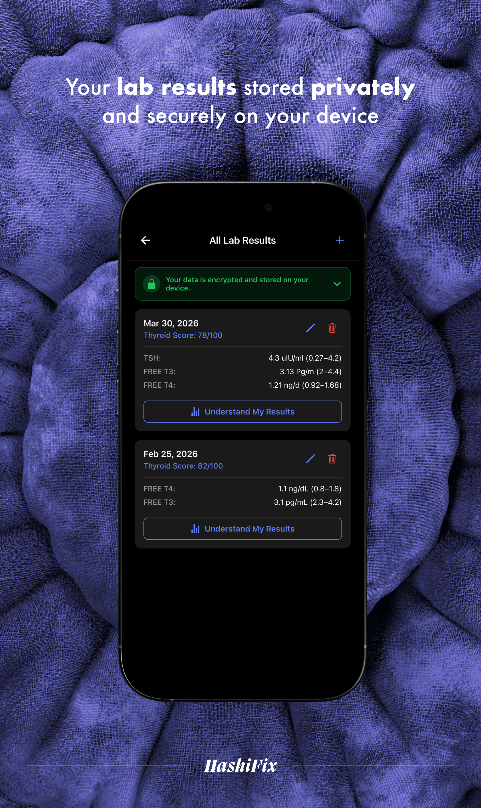 Hashifix lab results list, encrypted and stored on device